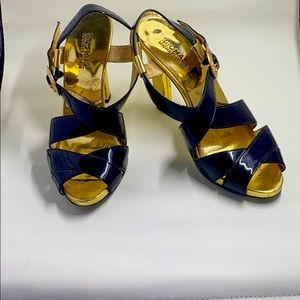 Black & Gold Patent Leather MK Sandal Heels